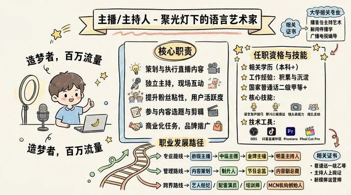 主播/主持人 - 聚光灯下的语言艺术家，百万流量的造梦者