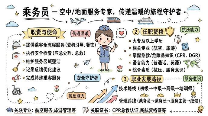 乘务员 - 空中/地面服务专家，传递温暖的旅程守护者