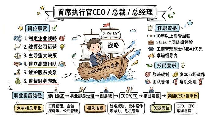 首席执行官CEO/总裁/总经理 - 掌舵企业战略，年薪百万+期权的顶层决策者
