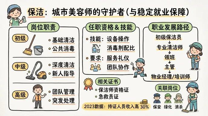 保洁 - 城市美容师的守护者；专业技能+稳定需求的就业保障