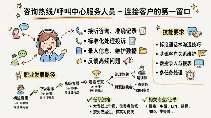 咨询热线/呼叫中心服务人员 - 连接客户的第一窗口，塑造企业专业形象
