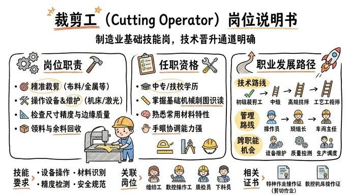 裁剪工 - 制造业基础技能岗，技术晋升通道明确
