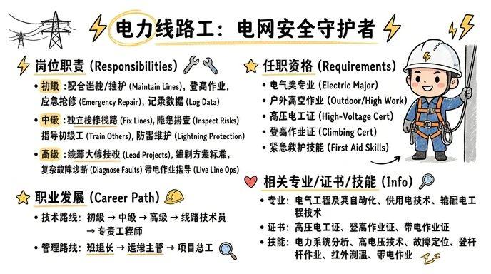 电力线路工 - 高危技术岗，电网安全守护者