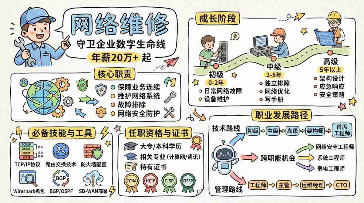 网络维修 - 守护企业数字生命线，年薪20万起的IT基石岗位