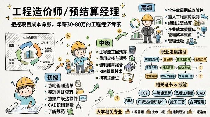 工程造价师/预结算经理 - 把控项目成本命脉，年薪30-80万的工程经济专家
