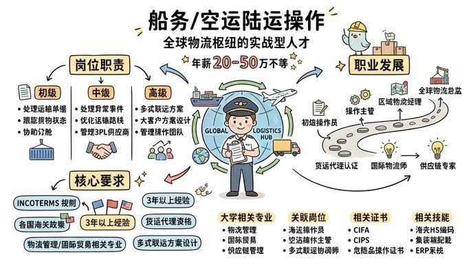 船务/空运陆运操作 - 全球物流枢纽的实战型人才，年薪20-50万不等