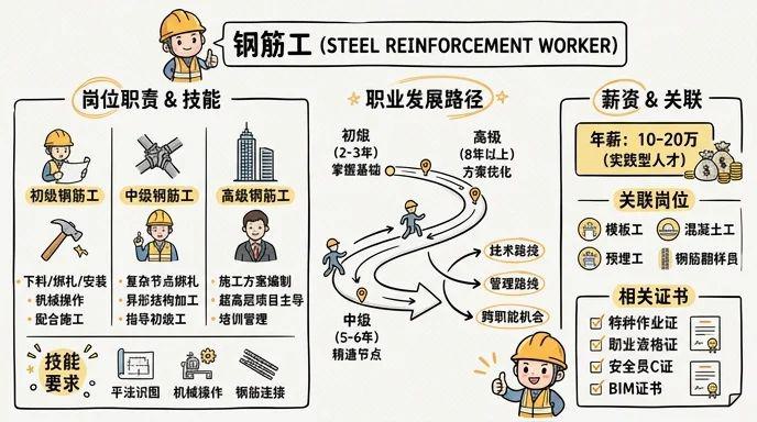 钢筋工 - 建筑行业核心技能岗，年薪10-20万的实践型人才